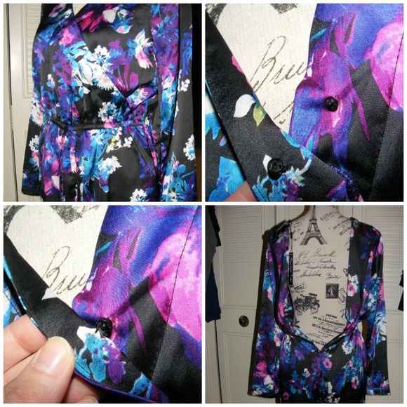 Penelope Tree Silky Satin Surplice Floral Romper Black Blue Purple sexy dressy - Picture 10 of 14